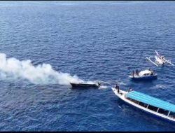 Kapal Speadboat Terbakar di Perairan Gili Trawangan, Satpolair Polres Lombok Utara Berhasil padamkan api dan Evakuasi Korban